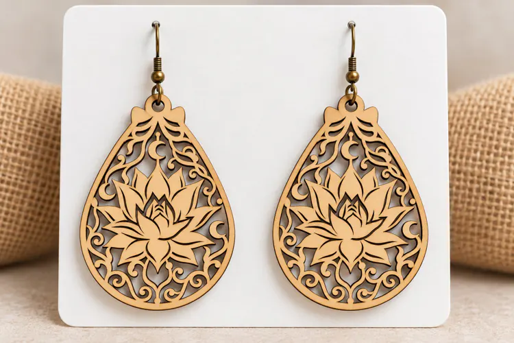 Teardrop Lotus Floral Wooden Earrings Laser Cut SVG, Botanic