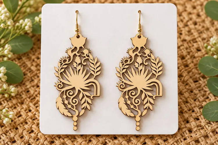 Long Drop Lotus Floral Wooden Earrings Laser Cut SVG, Botani