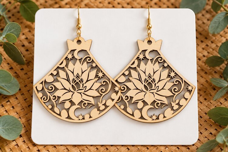 Fan Shape Lotus Floral Wooden Earrings Laser Cut SVG, Art example image 1