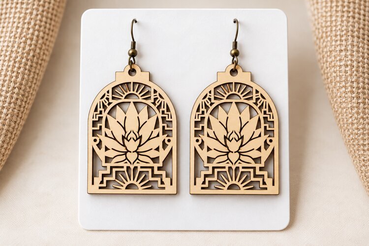 Arch Lotus Floral Window Wooden Earrings Laser Cut SVG, Bota example image 1