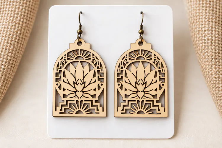 Arch Lotus Floral Window Wooden Earrings Laser Cut SVG, Bota