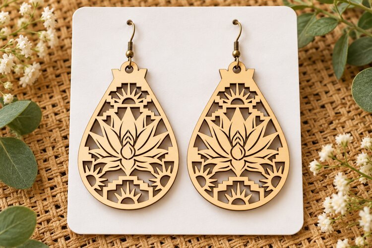Teardrop Lotus Floral Wooden Earrings Laser Cut SVG, Botanic example image 1