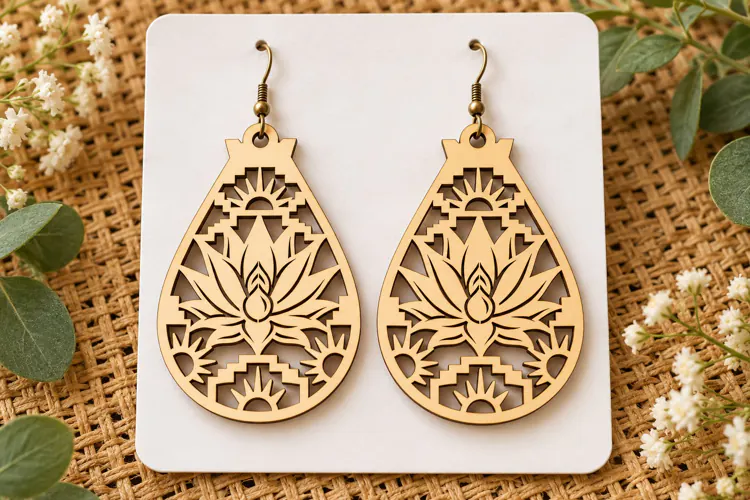 Teardrop Lotus Floral Wooden Earrings Laser Cut SVG, Botanic