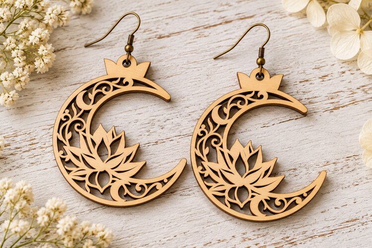 Crown Lotus Floral Crescent Wooden Earrings Laser Cut SVG, example image 1