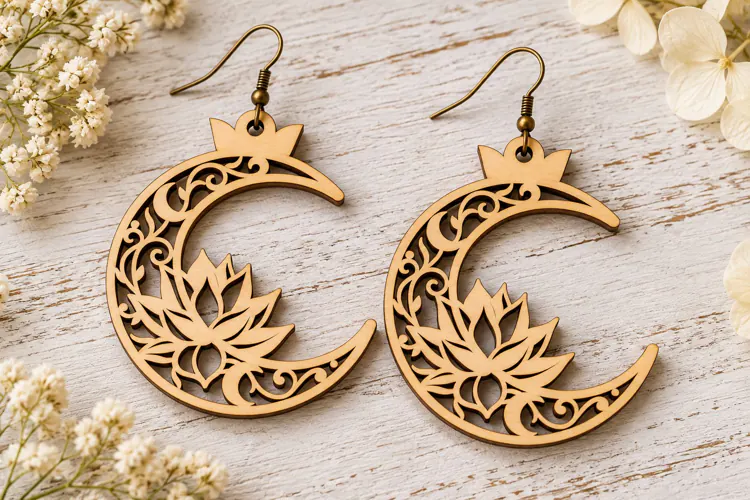 Crown Lotus Floral Crescent Wooden Earrings Laser Cut SVG,