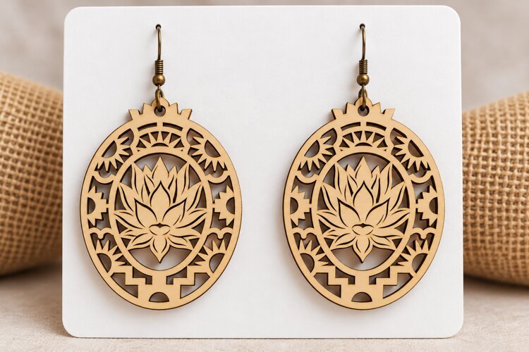 Round Lotus Floral Wooden Earrings Laser Cut SVG, Circular example image 1