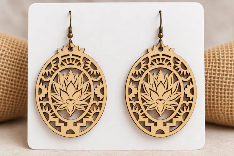 Round Lotus Floral Wooden Earrings Laser Cut SVG, Circular