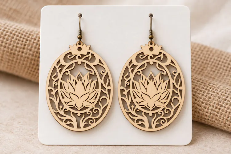 Oval Lotus Floral Wooden Earrings Laser Cut SVG, Botanical