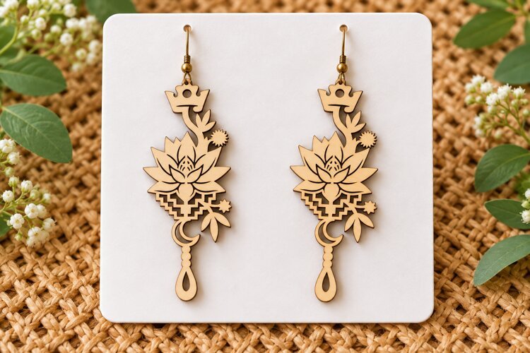 Long Drop Floral Vine Wooden Earrings Laser Cut SVG, Botanic example image 1