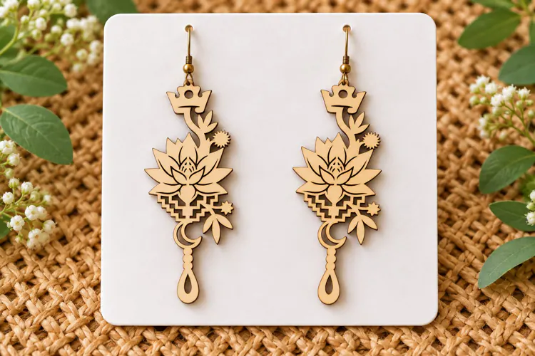 Long Drop Floral Vine Wooden Earrings Laser Cut SVG, Botanic