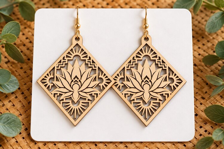 Diamond Lotus Floral Wooden Earrings Laser Cut SVG, Geometri example image 1