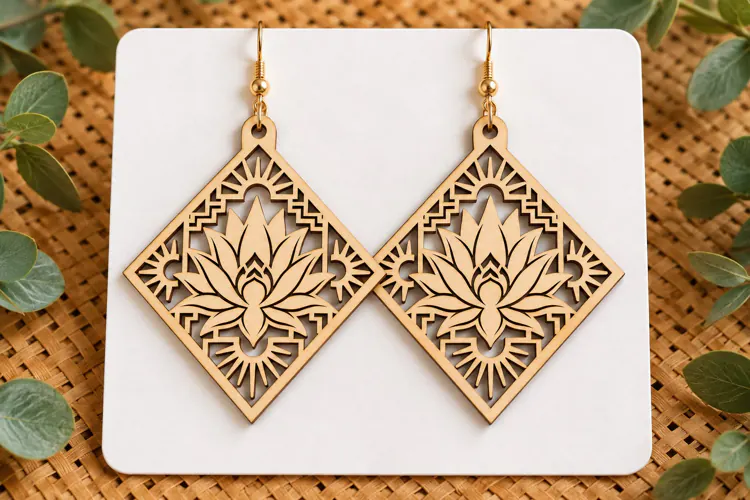 Diamond Lotus Floral Wooden Earrings Laser Cut SVG, Geometri