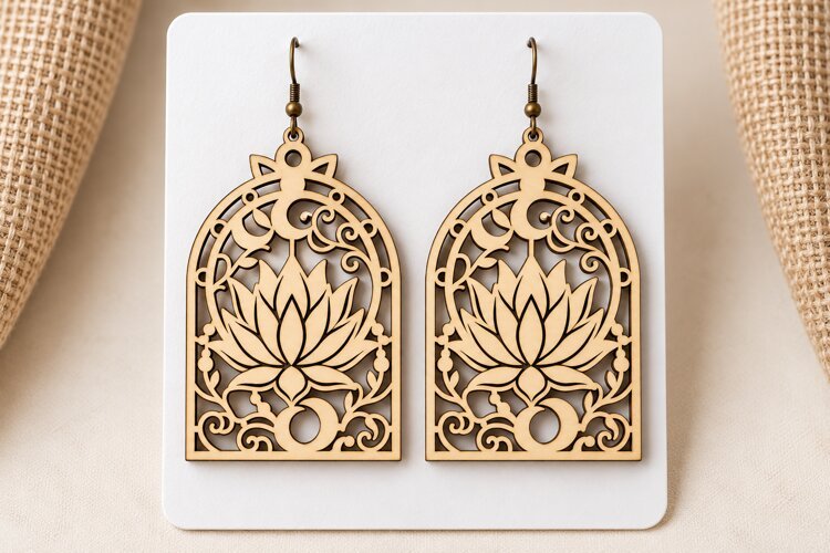 Arch Lotus Floral Window Wooden Earrings Laser Cut SVG, Bota example image 1