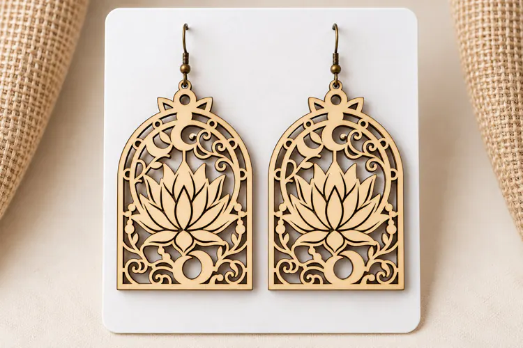 Arch Lotus Floral Window Wooden Earrings Laser Cut SVG, Bota