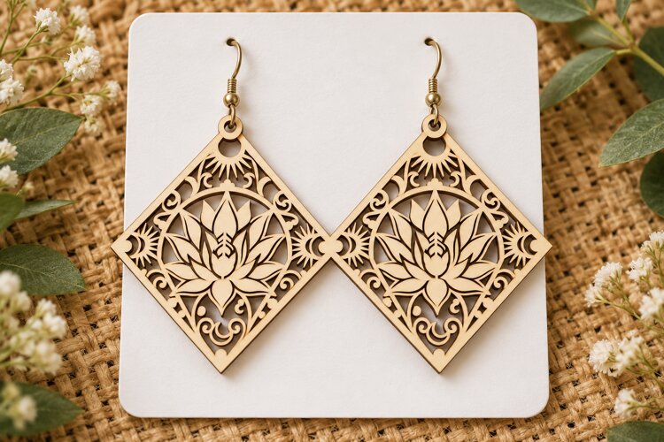 Diamond Lotus Floral Wooden Earrings Laser Cut SVG, Geometri example image 1