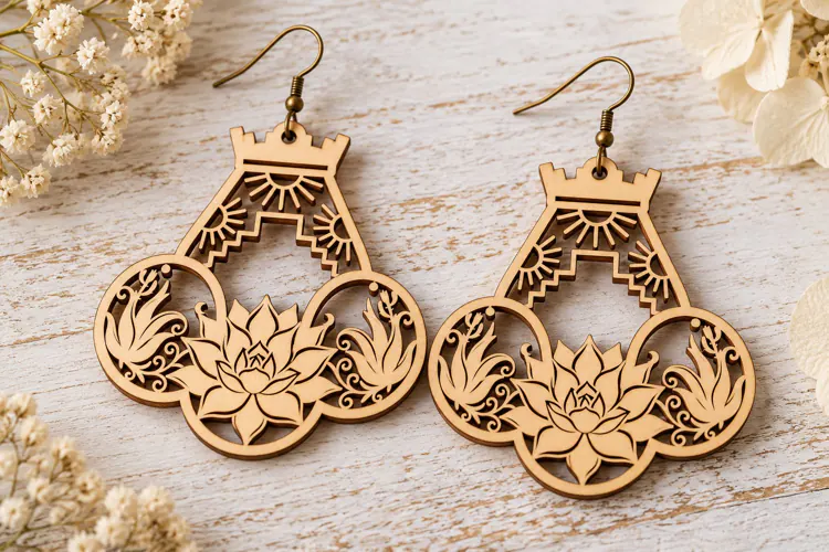 Crown Lotus Floral Wooden Earrings Laser Cut SVG, Scenic Dan