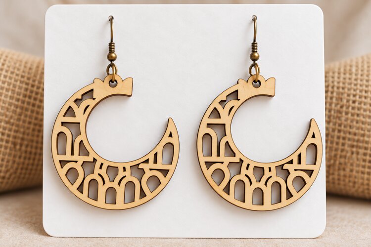 Crescent Moon Lotus Floral Wooden Earrings Laser Cut SVG, example image 1
