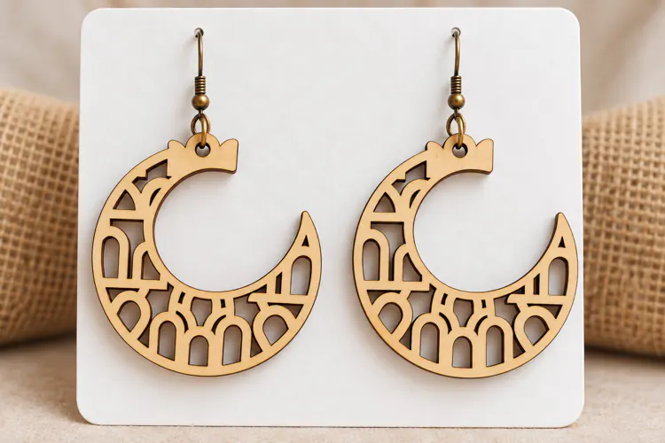 Crescent Moon Lotus Floral Wooden Earrings Laser Cut SVG,