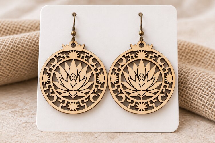 Round Lotus Floral Wooden Earrings Laser Cut SVG, Circular example image 1