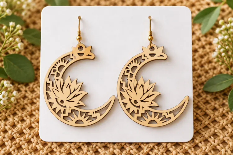 Crescent Moon Lotus Floral Wooden Earrings Laser Cut SVG,
