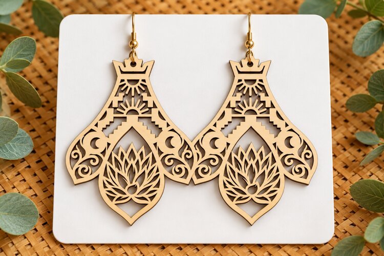 Crown Lotus Floral Wooden Earrings Laser Cut SVG, Scenic Dan example image 1