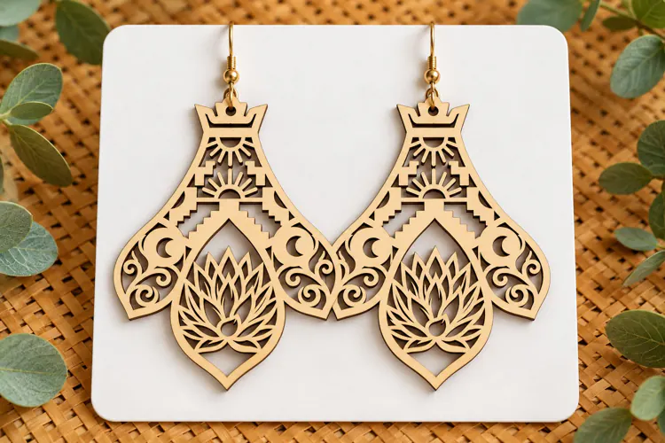 Crown Lotus Floral Wooden Earrings Laser Cut SVG, Scenic Dan