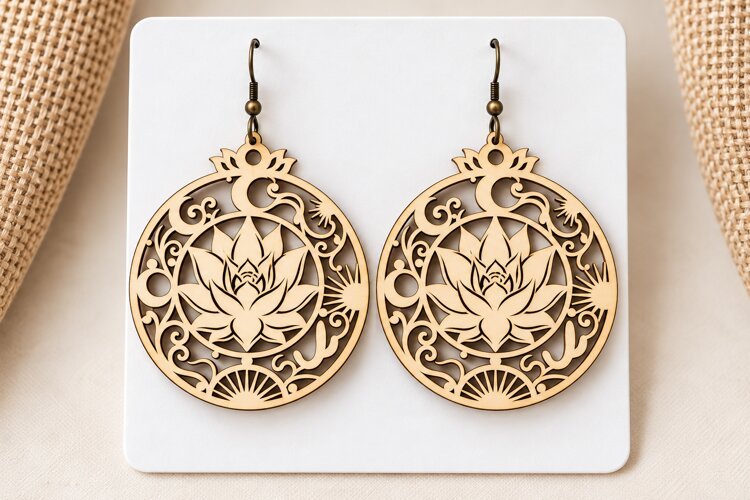Round Lotus Floral Wooden Earrings Laser Cut SVG, Circular example image 1