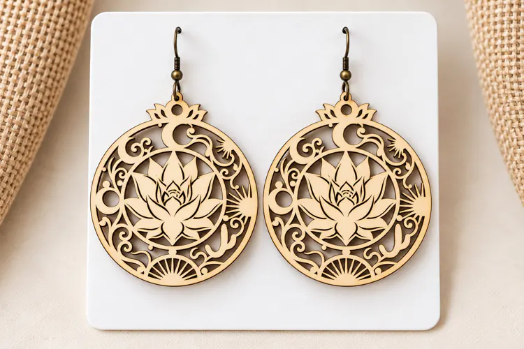 Round Lotus Floral Wooden Earrings Laser Cut SVG, Circular