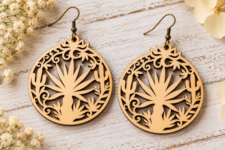 Long Drop Lotus Floral Wooden Earrings Laser Cut SVG, Botani