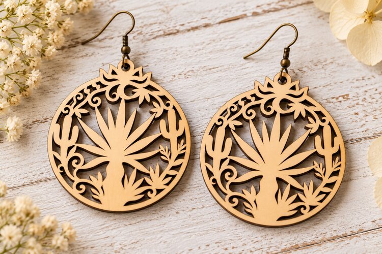 Round Agave Desert Plant Wooden Earrings Laser Cut SVG, Circ example image 1