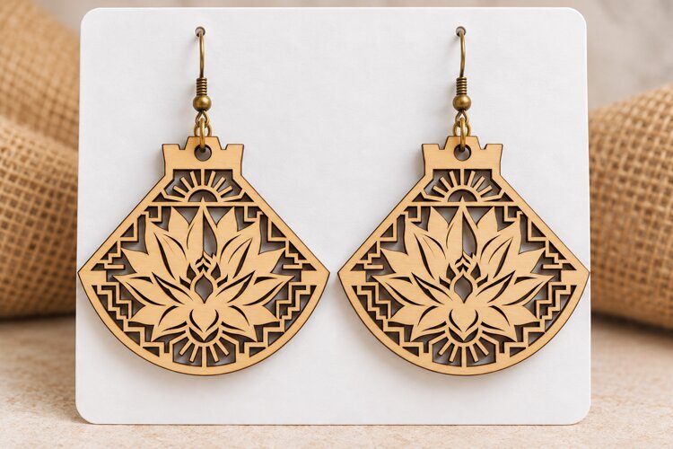 Fan Shape Lotus Floral Wooden Earrings Laser Cut SVG, Art De example image 1