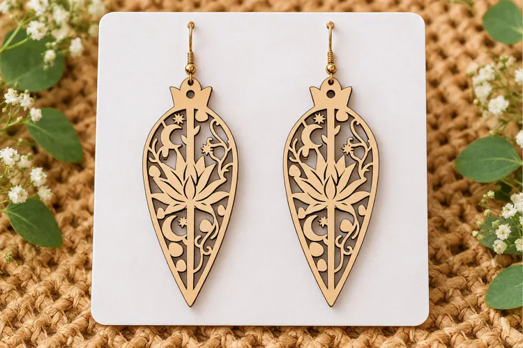 Teardrop Lotus Floral Wooden Earrings Laser Cut SVG, Botanic