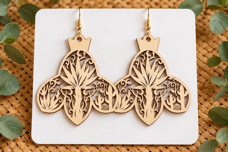 Elaborate Lotus Floral Tree Wooden Earrings Laser Cut SVG example image 1