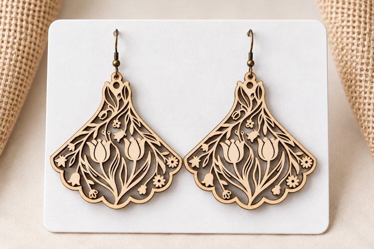 Fan Shape Floral Tulip Wooden Earrings Laser Cut SVG, Art example image 1