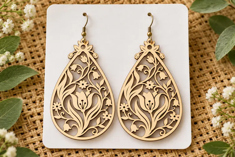 Teardrop Floral Tulip Wooden Earrings Laser Cut SVG, Botanic
