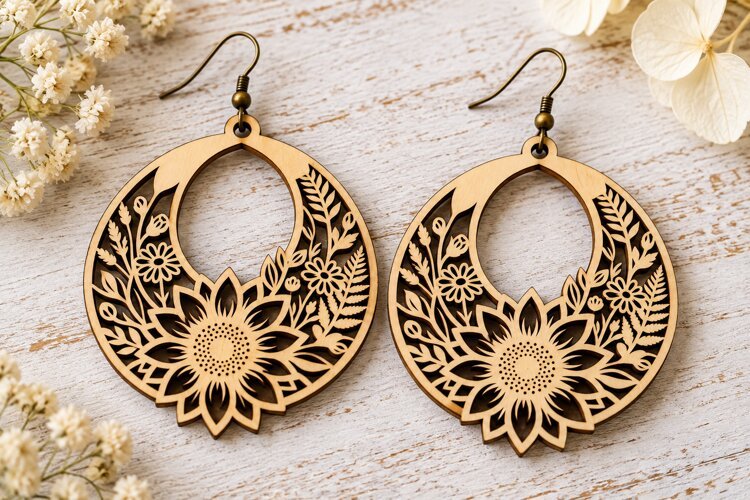 Round Open Floral Sunflower Wooden Earrings Laser Cut SVG example image 1