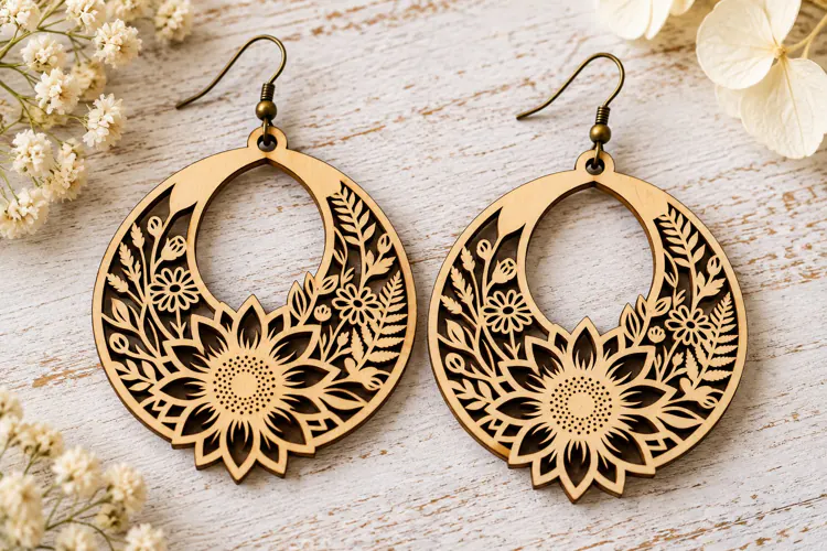 Round Open Floral Sunflower Wooden Earrings Laser Cut SVG