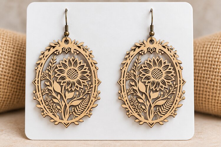 Oval Floral Sunflower Wooden Earrings Laser Cut SVG, Botanic example image 1