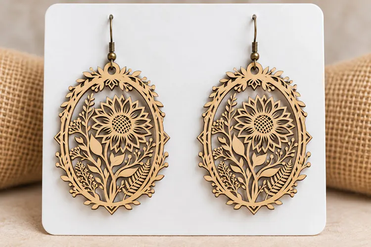 Oval Floral Sunflower Wooden Earrings Laser Cut SVG, Botanic