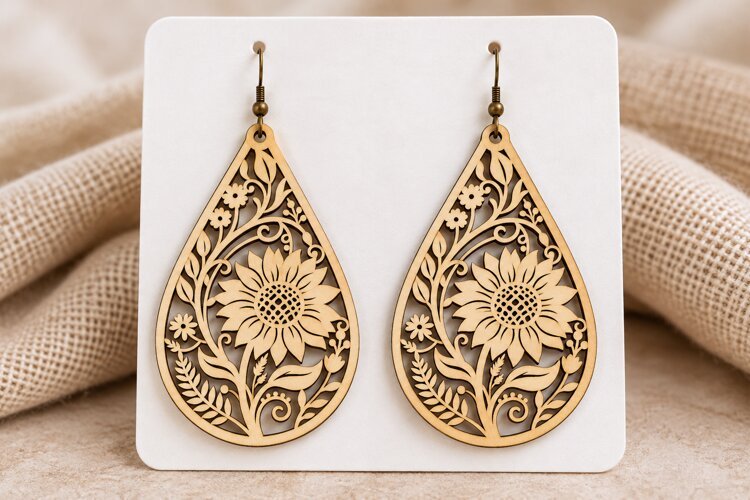 Teardrop Floral Sunflower Wooden Earrings Laser Cut SVG example image 1