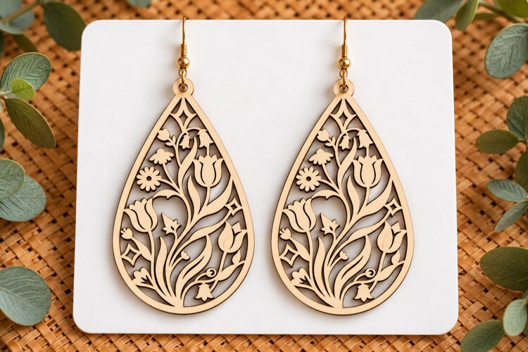Teardrop Floral Tulip Wooden Earrings Laser Cut SVG, Botanic example image 1