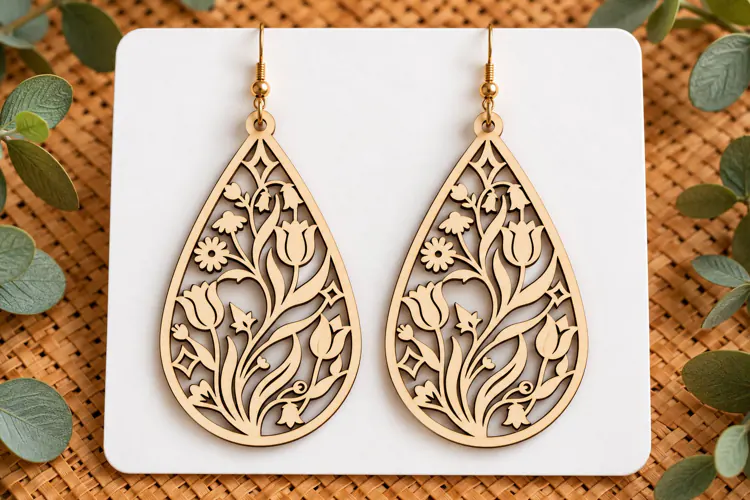 Teardrop Floral Tulip Wooden Earrings Laser Cut SVG, Botanic