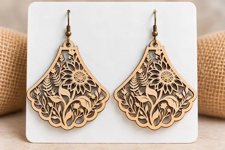 Fan Shape Floral Sunflower Wooden Earrings Laser Cut SVG, Ar