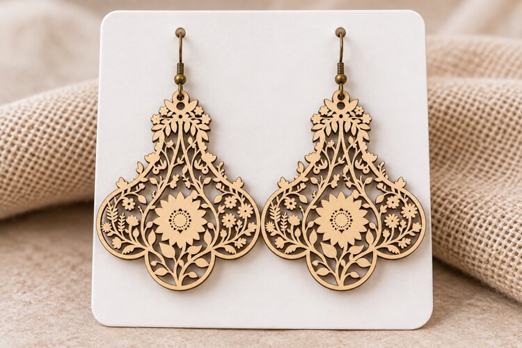 Elaborate Floral Sunflower Wooden Earrings Laser Cut SVG example image 1