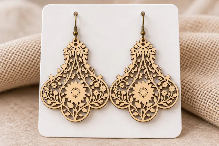 Elaborate Floral Sunflower Wooden Earrings Laser Cut SVG
