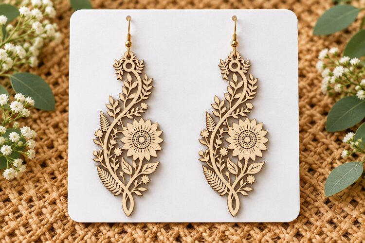 Long Drop Floral Sunflower Wooden Earrings Laser Cut SVg example image 1