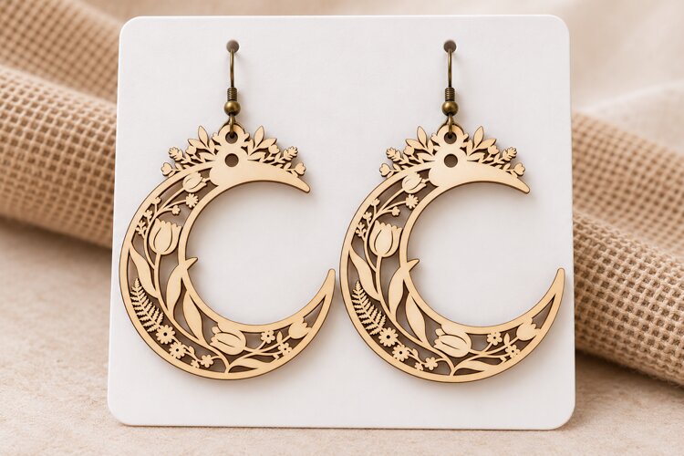 Crescent Moon Floral Tulip Wooden Earrings Laser Cut SVG example image 1