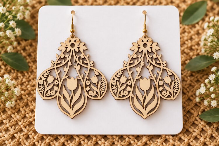 Elaborate Floral Tulip Wooden Earrings Laser Cut SVG, Botani example image 1