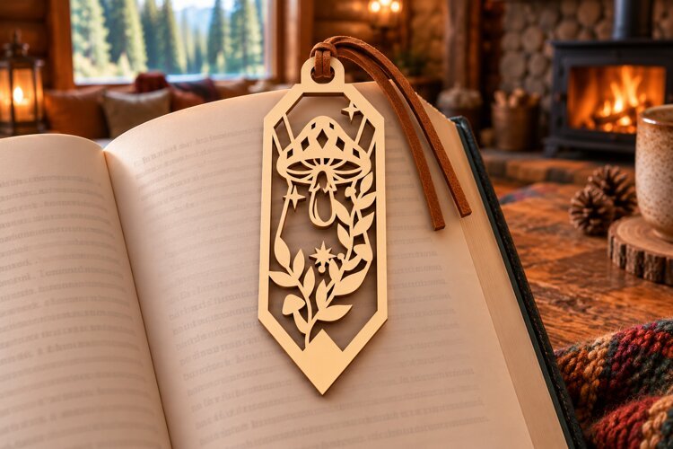 Long Hexagon Nature Forest Mushroom Bookmark Laser Cut SVG, example image 1