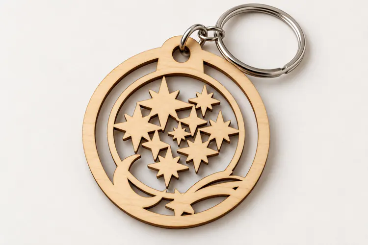 Round Shooting Stars Crescent Moon Wooden Keychain Laser Cut